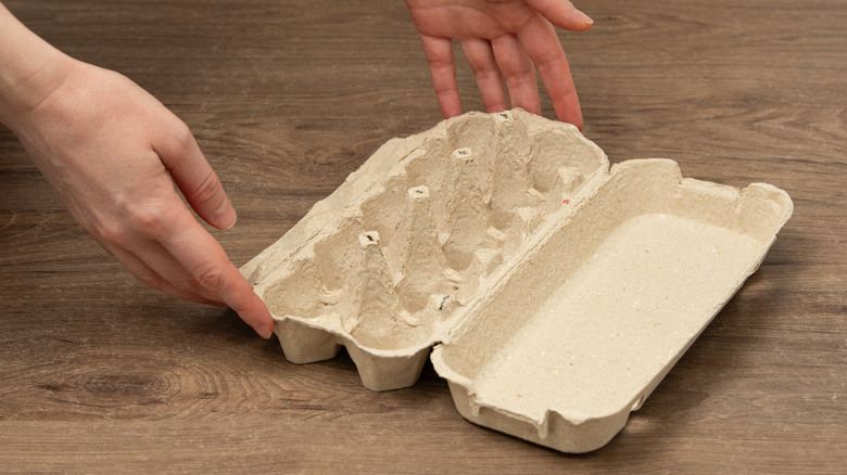 Hands holding an empty cardboard egg carton on a wooden surface