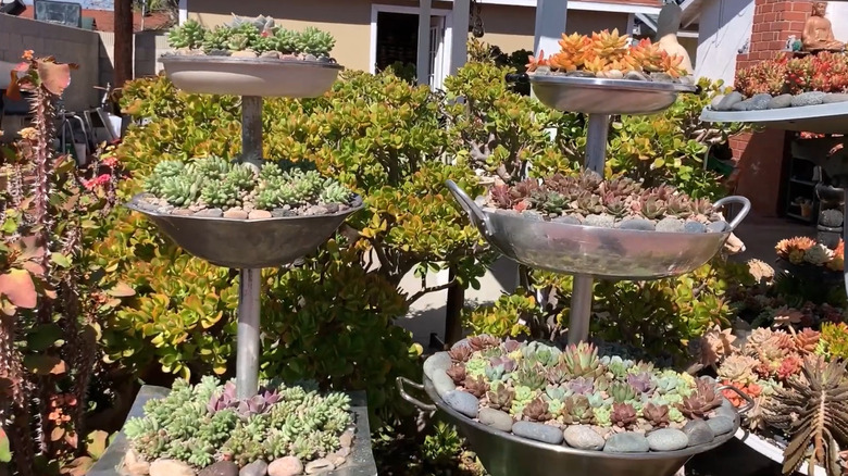 Tiered planters made from frying pans