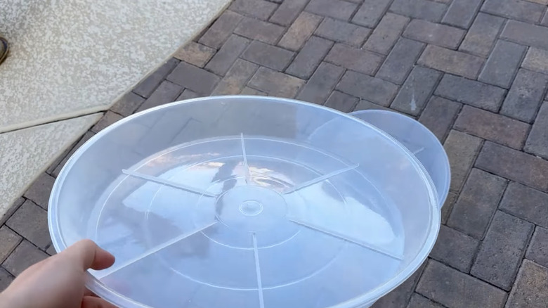 Person holding a clear plastic planter saucer over a patio