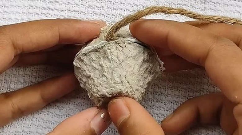 Close-up of a person's hands, turning egg carton into bee patio decor