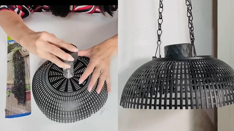 A side-by-side look at how to combine a solar light and old colander into a hanging lamp