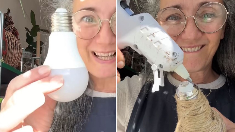 Woman turning lightbulb into decorative pear
