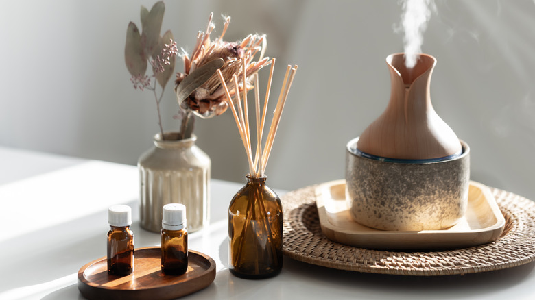 Essential oils, a reed diffuser, and an oil diffuser grouped together