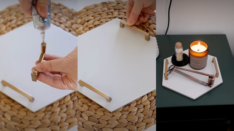 The steps and result of a DIY bedside table tray