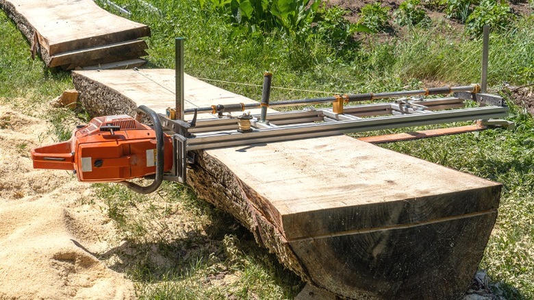 A portable chainsaw mill cutting a tree into lumber on site