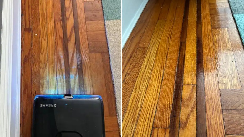 Dreame Aero Ultra Steam wet dry vacuum cleaning edge to edge to remove dried liquid stain on wood