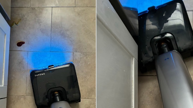 Dreame Aero Ultra Steam wet dry vacuum cleaning ketchup and honey mustard on tile floor