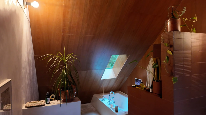Plywood walls in an upstairs bathroom