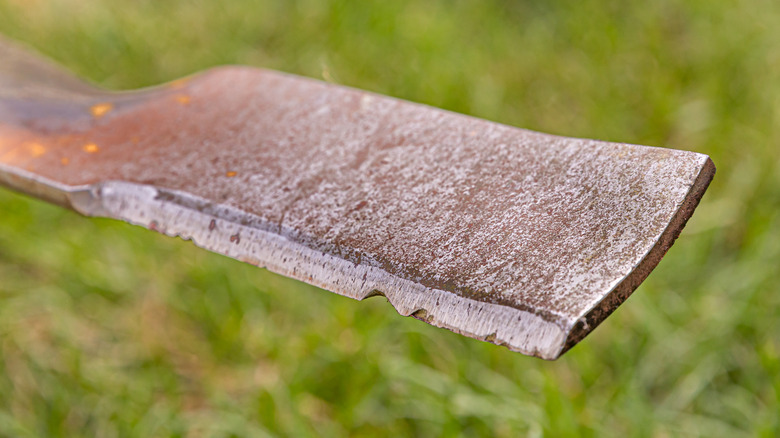 A very dull and chipped lawnmower blade in front of grass