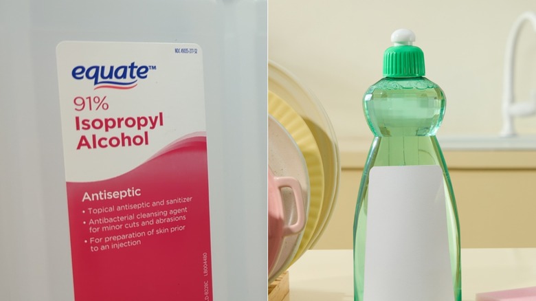 Split image: rubbing alcohol and dish soap