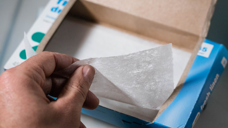 Hand pulling a dryer sheet out of a blue and white box
