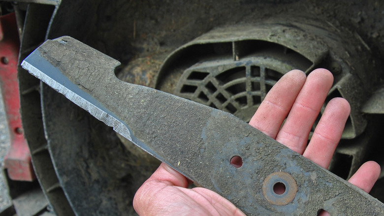 close up of a dull lawnmower blade