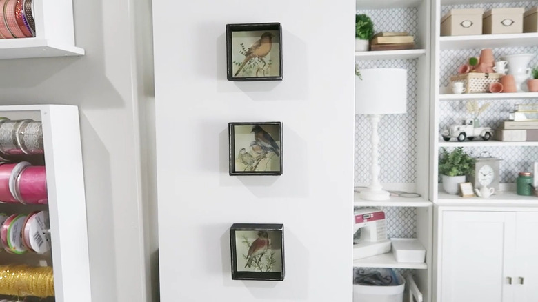 Set of three vintage bird prints adhered inside Dollar Tree wood boxes