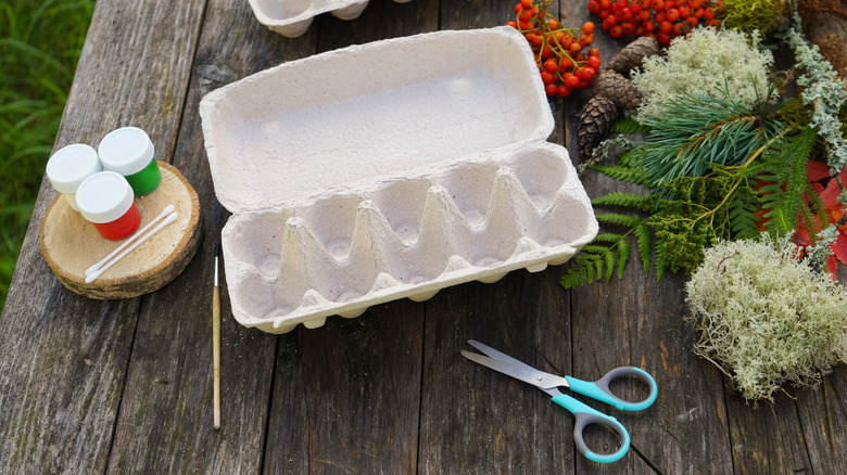An egg carton and crafting supplies