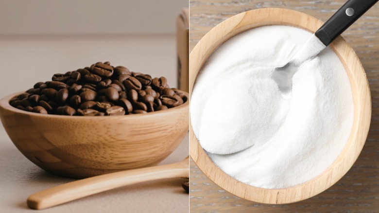 A split photo of coffee beans and baking soda in bowls.
