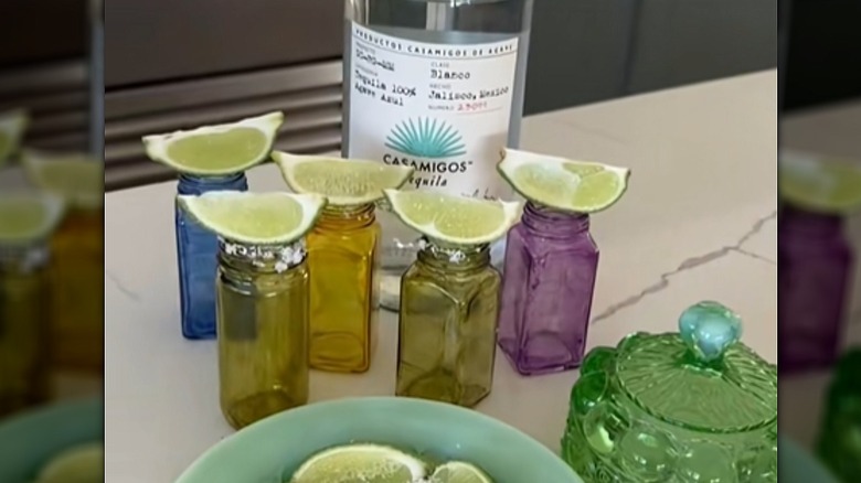 Spice jar with tinted glasses to create shot glasses with lime slices on top
