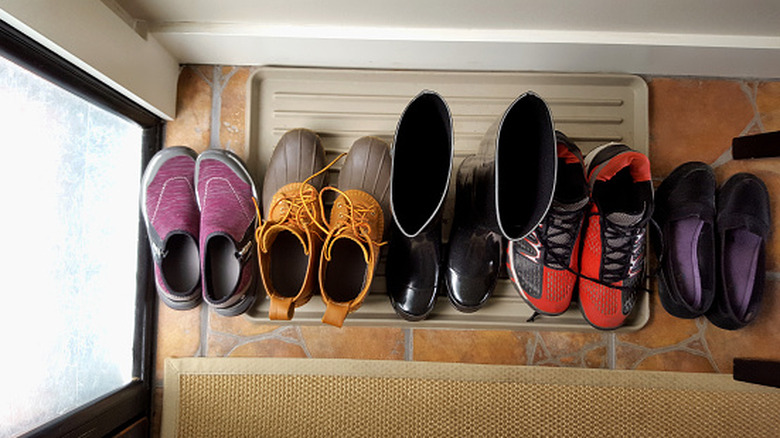 Several pairs of shoes by a front door
