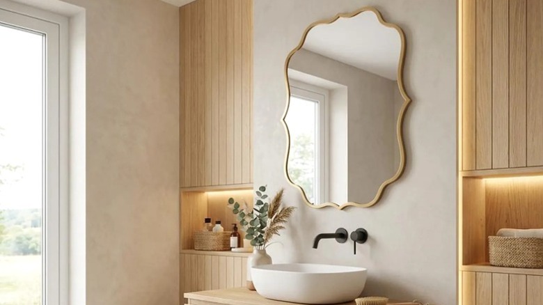 A scalloped Art Deco mirror over a sink in a bright modern bathroom