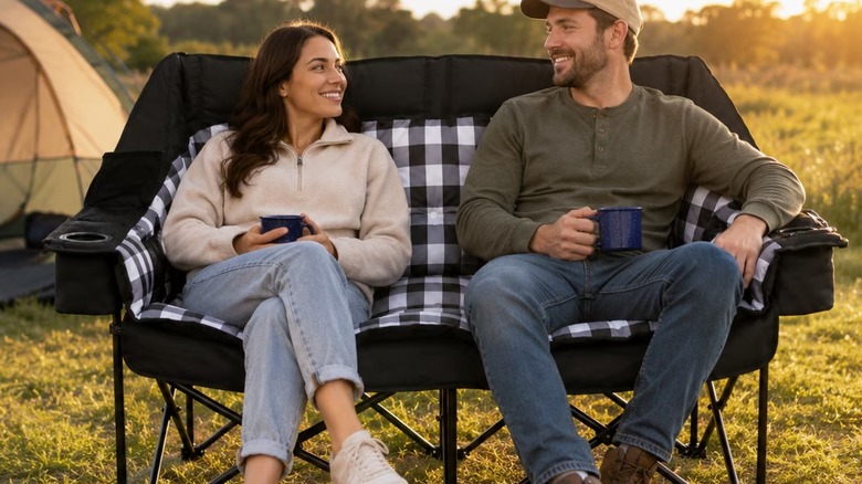 A man and woman sitting in a camping loveseat and smiling at each other