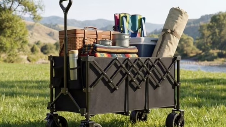 A large wagon cart is loaded with camping essentials