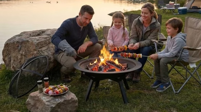 A family camping near a lake and grilling skewers over a fire pit