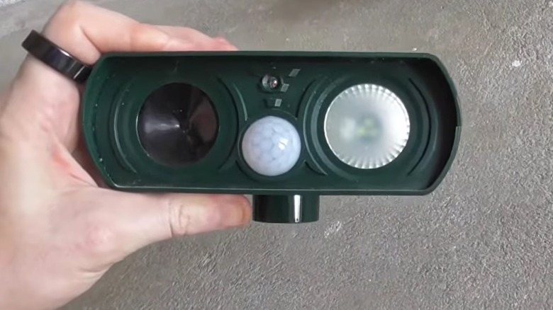 Person holding a solar powered animal repeller without stake attached