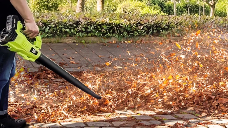 Man holding a cordless leaf blower to clean his yard of fallen leaves