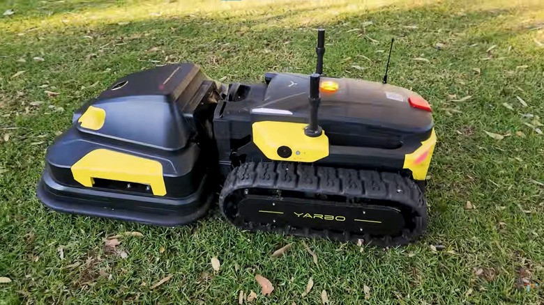 A black and yellow robot lawn mower cutting grass