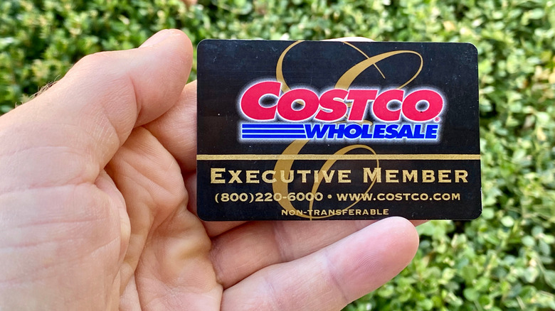 A hand holds a Costco Executive membership card against green leaves.