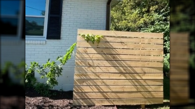 Small privacy fence on side of white brick house with black shutters