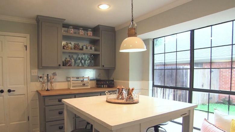 Galvanized steel craft room backsplash