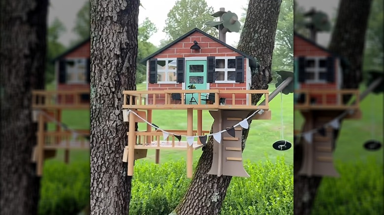 An old  painted dollhouse mounted to a tree to attract squirrels
