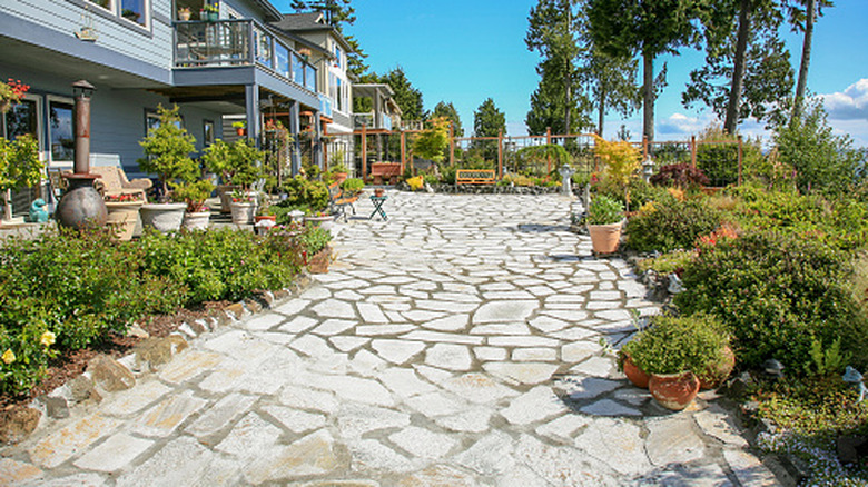 A driveway of stone pavers laid in an organic pattern, with space in between.