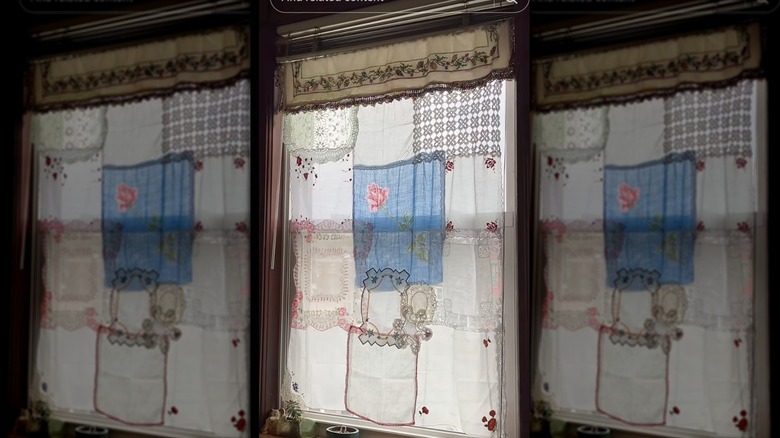 Window with homemade handkerchief curtain panel
