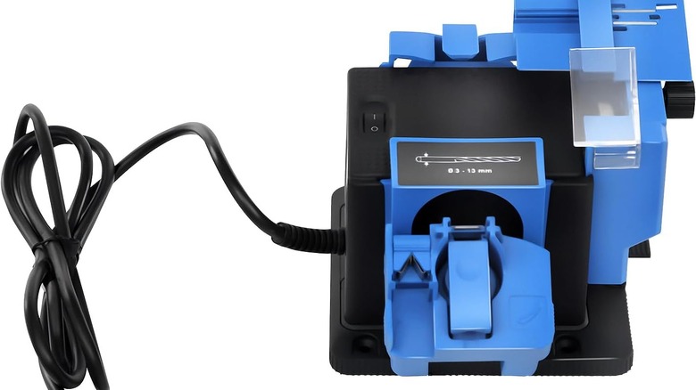 A blue electric drill bit sharpener on a white background