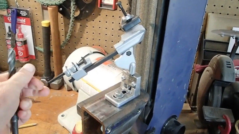 General Tools drill grinding attachment #825 at work in a cluttered workshop