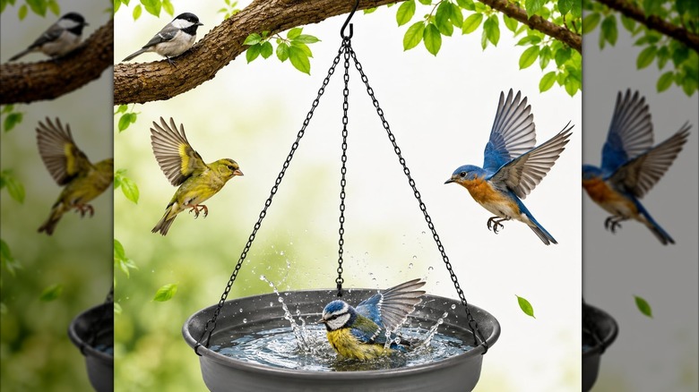 Cargen Hanging Bird Bath hanging from a tree with birds inside