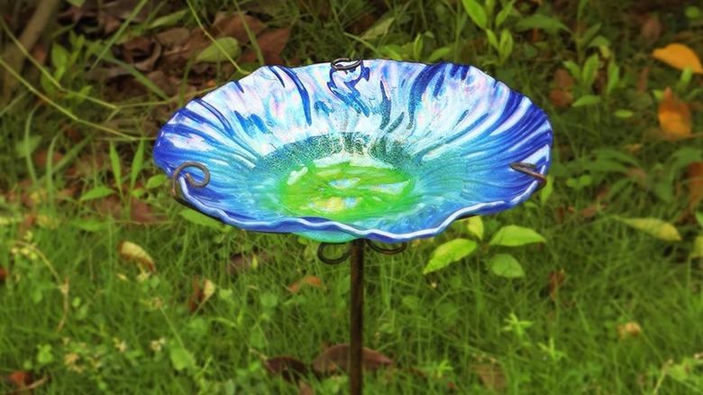 Blue Mumtop Glass Bird Bath set up on lawn