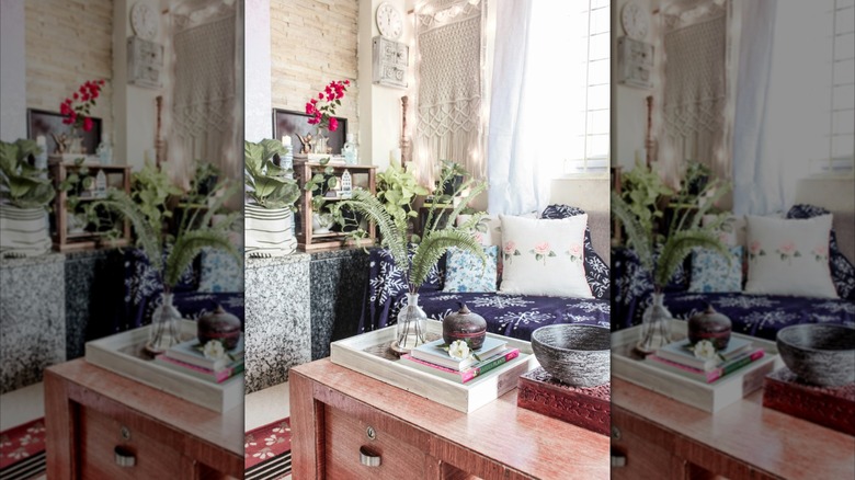A living room with eccentric aunt aesthetic and pieces that mix and match