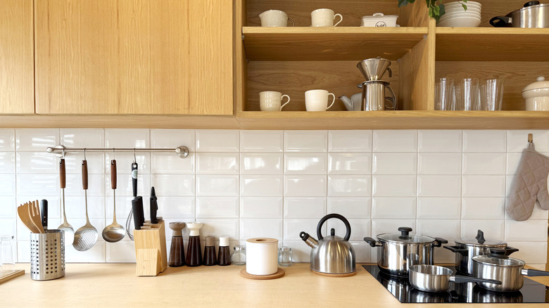 wood cabinets and counter in a kitchen