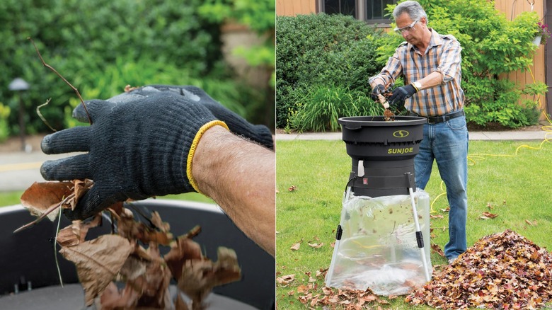 A man puts leaves inside a Sun Joe Electric Mulcher/Shredder