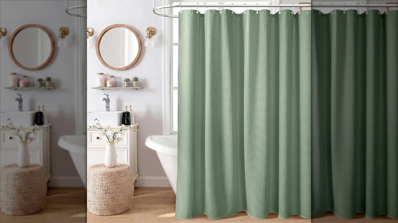 Sage green Dynamene Waffle Shower Curtain in front of white tub