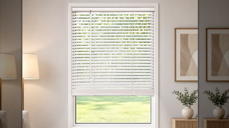 Mainstays blinds hanging on a living room window with the slat partially open