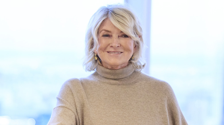 Martha Stewart wearing a beige turtleneck sweater and smiling in front of a large window.