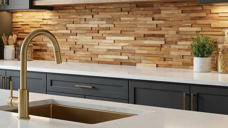 Teak wood backsplash and white countertops in a modern kitchen