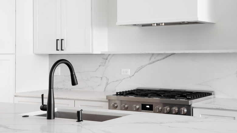 a kitchen with a marble slab backsplash