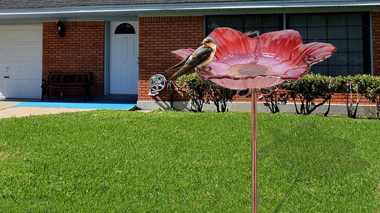 A bird perched on a red glass bird bath in front of a house
