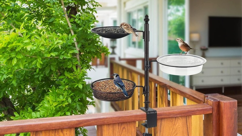 Urban Deco Deck Railing Bird Feeder mounted on wood deck railing
