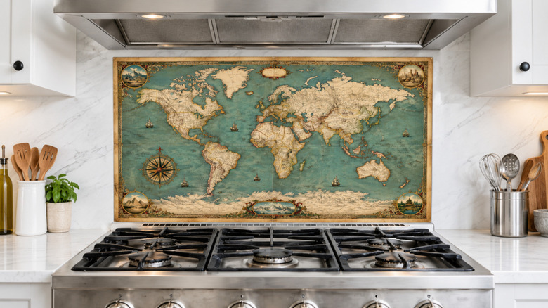 World map used as a backsplash behind a kitchen stove.