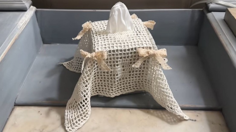 Tissue box cover made from vintage doily